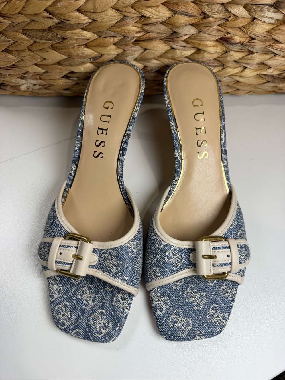 GUESS Denim Logo Buckle Slip-On Mules in Blue and Cream - Picture 3 of 7
